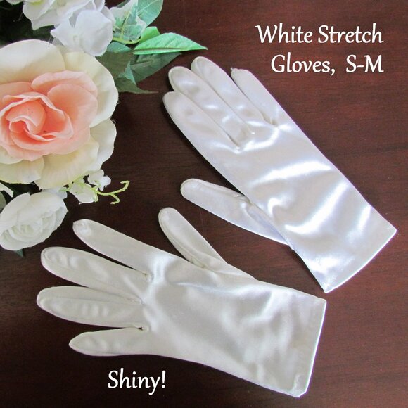 WHITE GLOVES, WOMEN'S S -M, SHINY, STRETCHY, PERFECT FIT; WEDDING, TEA PARTY - Picture 1 of 4